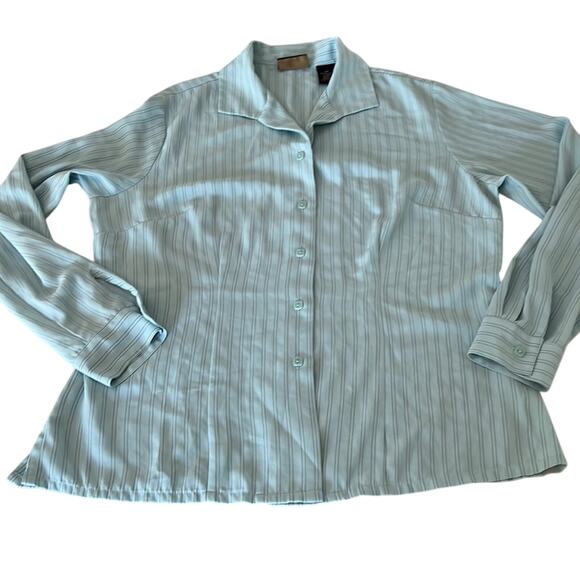 Laura Scott Petite Blue Silky Pinstripe Blouse Size 8P Office Dress Casual - Picture 6 of 8